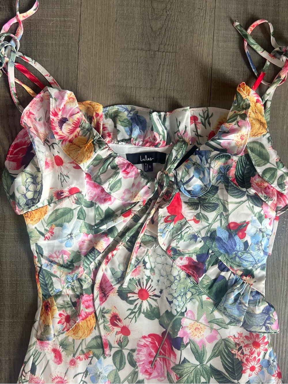 NWT Lulus Clelia Ivory Multi Floral Satin Ruffled Tie-Strap Midi Dress - Picture 5 of 5